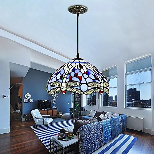 Akronfire Blue Tiffany Style Chandelier Colorful Dragonfly Glass Lamp Shade for Decorate Living Room Hotel Bar Restaurant 12 Inch