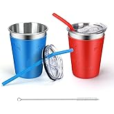 ShineMe Stainless Steel Kids Cups with Straws and Lids, 2 Pack Toddler Cups Spill Proof with Cute Sleeves in Bright Colors, 12oz Unbreakable Kids Drinking Tumblers for Cold/Hot Drinks (Red & Blue)