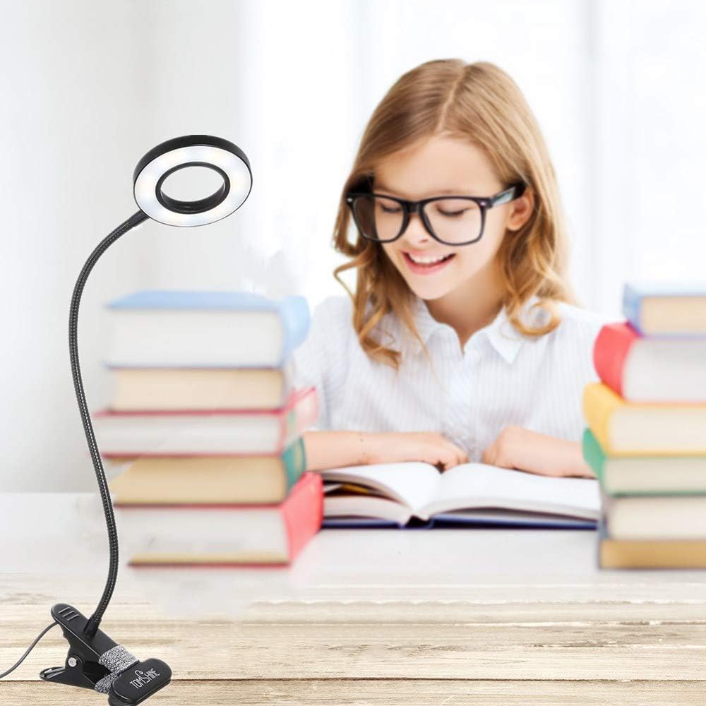 Tomshine Book Light, Metal Clip on Light with 3 Colors, 10-Level Brightness Reading Lamp with Clip for Desk, Bed - - 