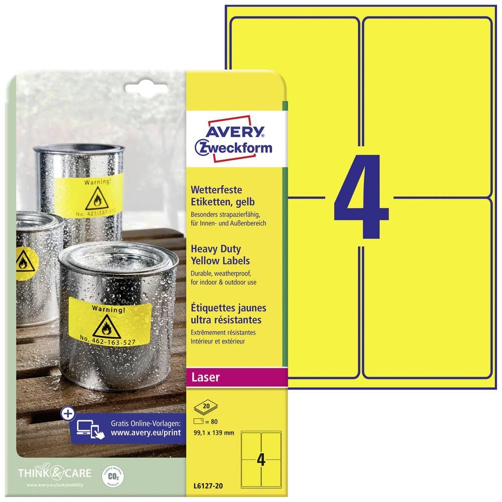 Avery Purpose Form L6127-20 Weatherproof Slides-Labels, 33.1 x 139 mm, 20 Sheet, 80 pcs, Yellow