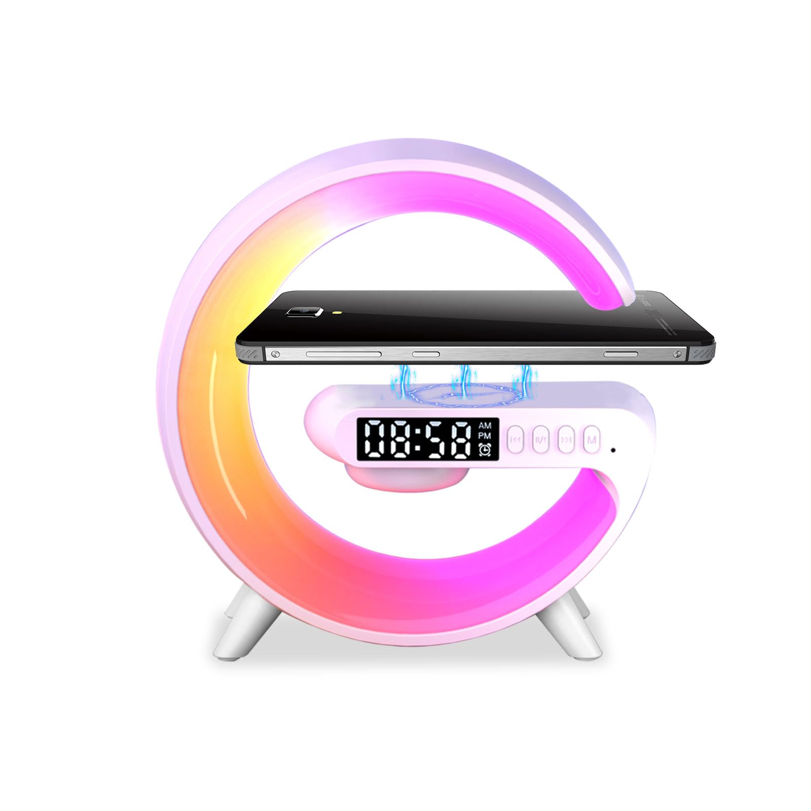 Les-Theresa G Light Wireless Charger Wireless Speaker Charger Light with Bluetooth Speaker Bedside Lamp G Atmosphere Lamp with Alarm Clock for Adults Gifts (White)