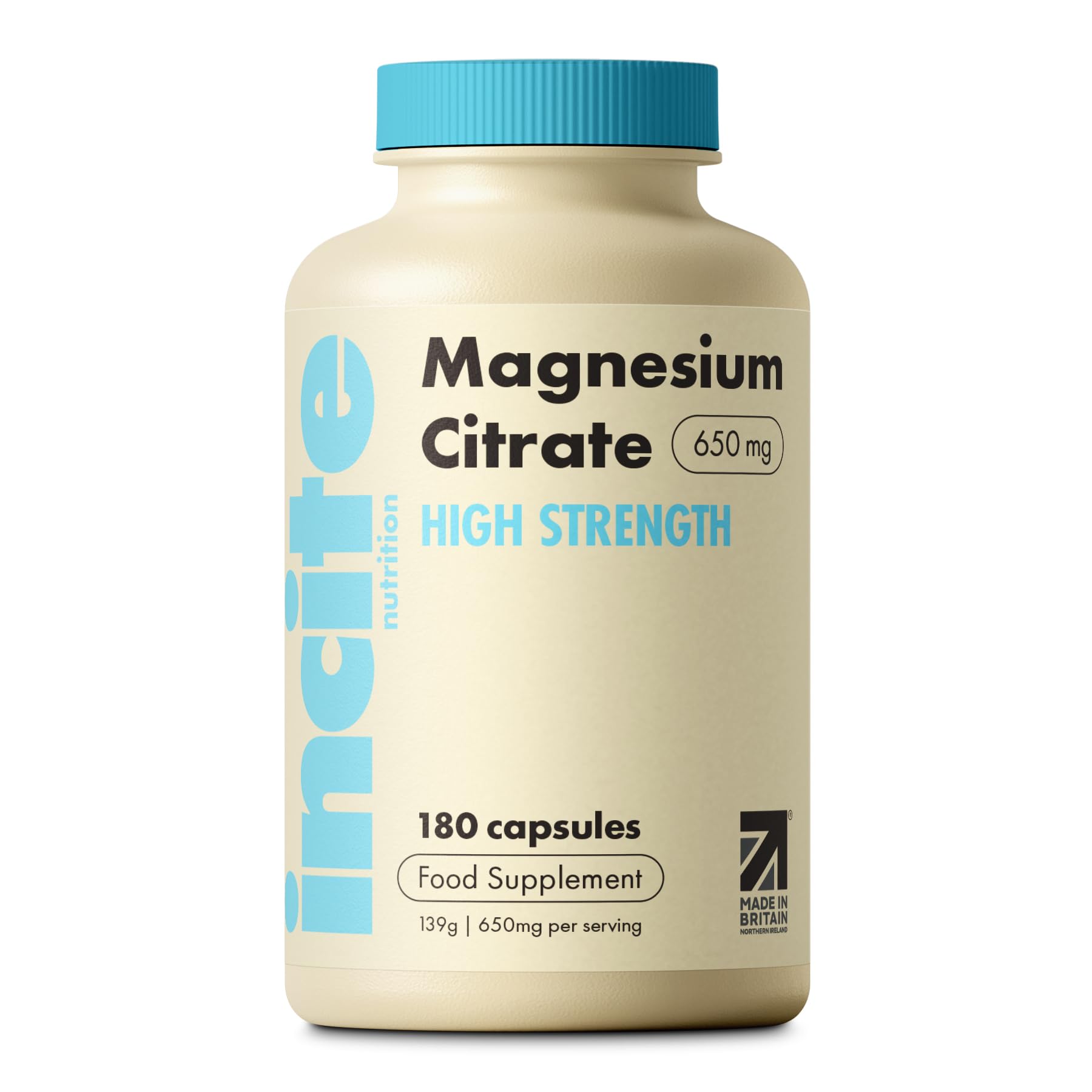 Incite Nutrition Magnesium Citrate 650 mg. High Strength and Absorption Magnesium Supplement. 180 Capsules, 6 Month Supply. Supports Muscle Function, Energy & Sleep. Suitable for Vegetarians & Vegans