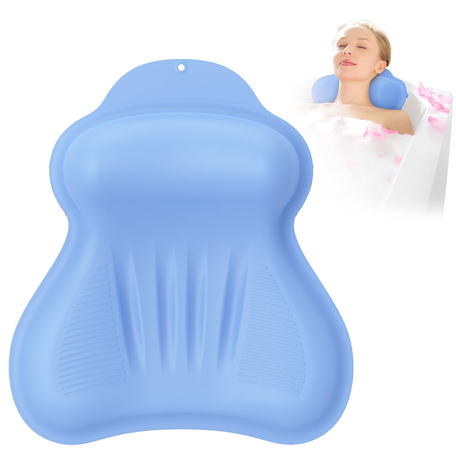 Photo 1 of Silicone Bath Pillow, New Material Bath Pillows for Tub Head Neck and Back Support, Bath Tub Pillow with 4D Press Inflatable Airbag and Non-Slip Strong Suction Cups, Quick-Drying, Easy to Store, Blue