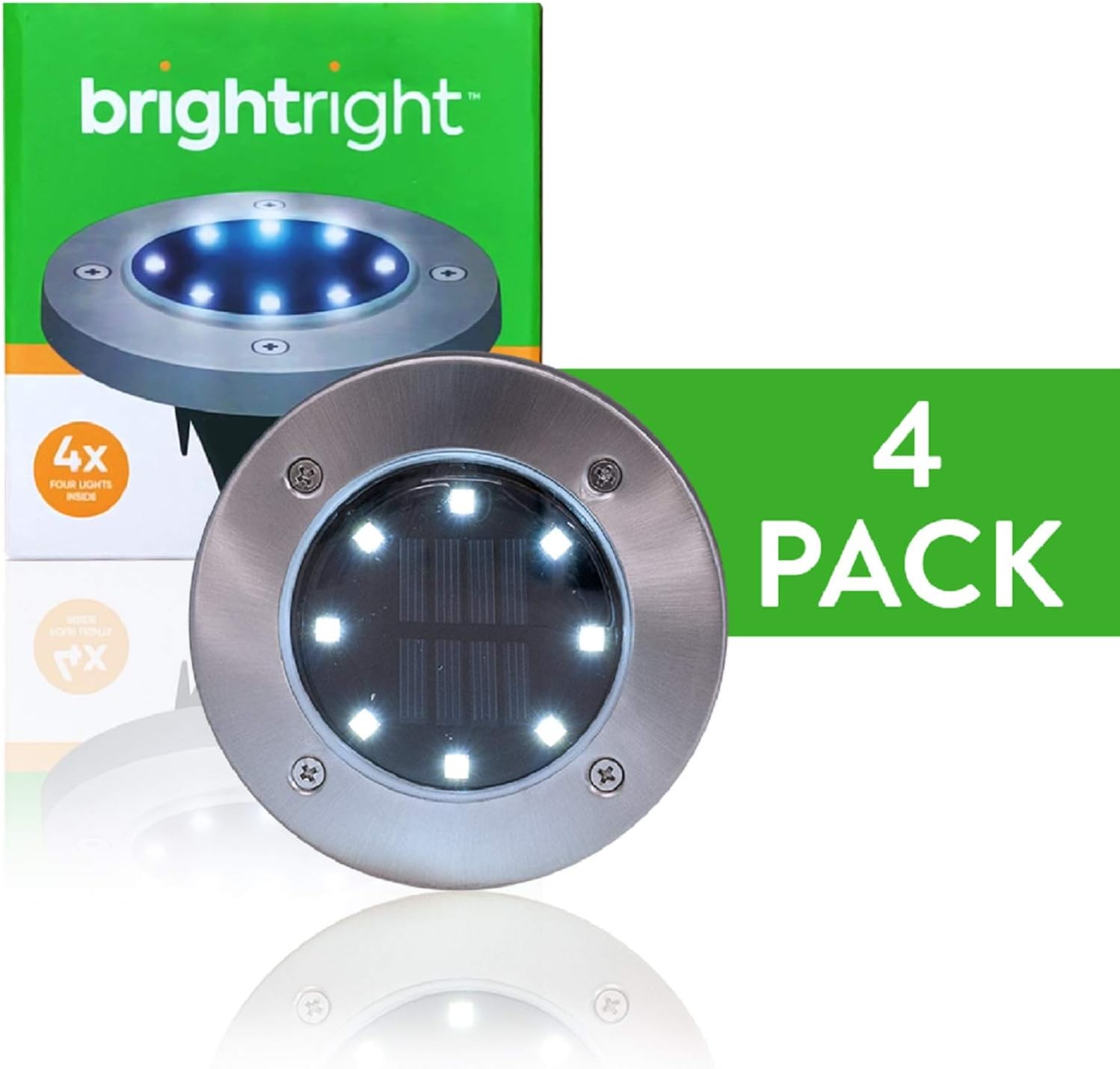 BRIGHTRIGHT - Outdoor Solar Disk Lights (4-Pack) 8 White LED, Waterproof Landscape Lighting for Yard, Garden, Patio, Lawn, Deck, Pathway, Driveway - Dusk to Dawn - - 