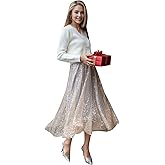 CHICWISH Women Tulle Mesh Sequin Skirts Elastic Waist Pleated Midi Skirt Sparkle Layered Flowy Fairy Tutu Skirts