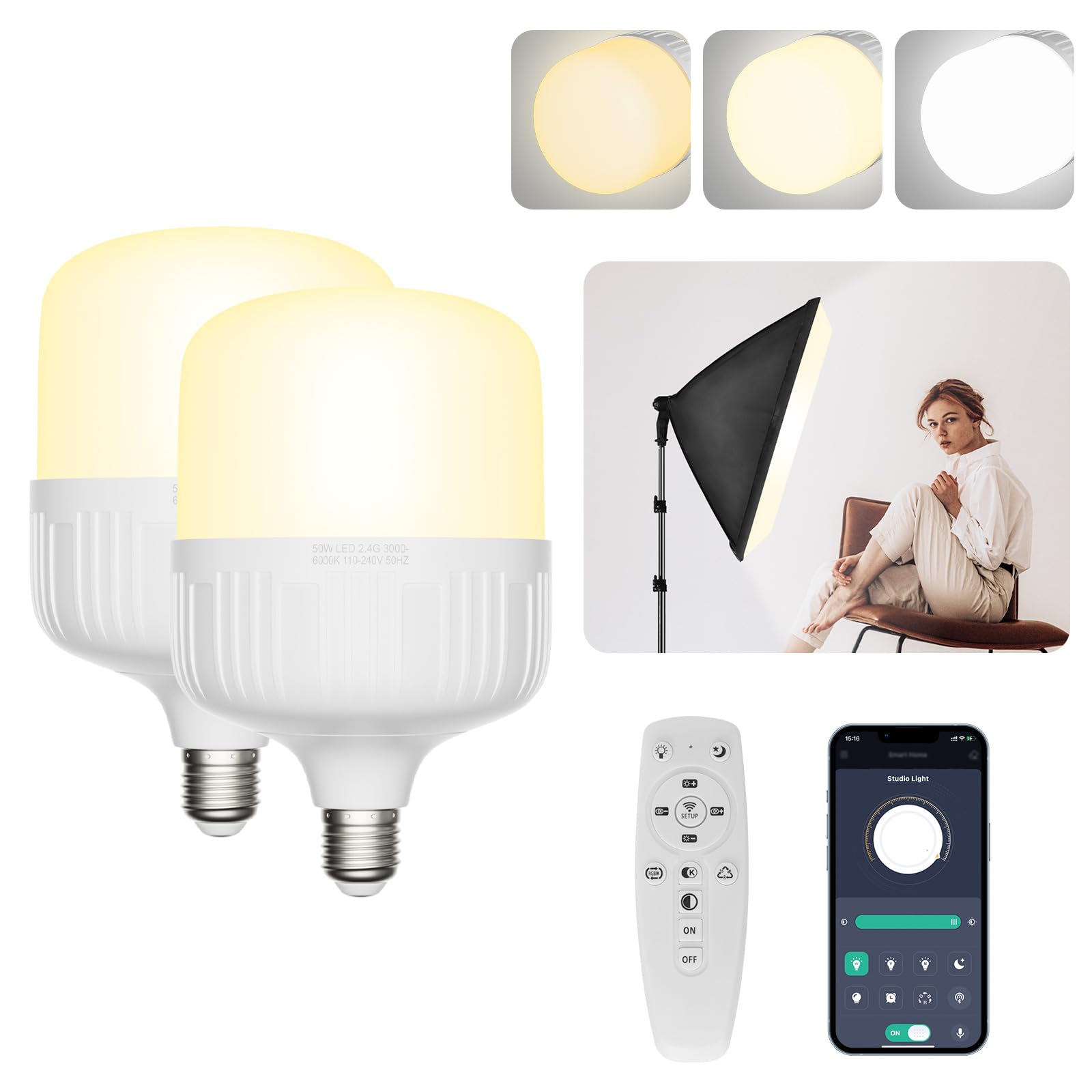 EMART Full Spectrum Light Bulb, 50W Dimming 3000K-6000K APP/Remote Control LED Light Bulb for Softbox Lighting Kit, Replacement Lamp for Photography Studio,Home,Office,Garden,Grow Light-2 Packs