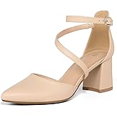 mysoft Women's Pumps Low Chunky Block Heels Pointed Toe Ankle Strap Across Instep Strap Party Wedding Dress Shoes