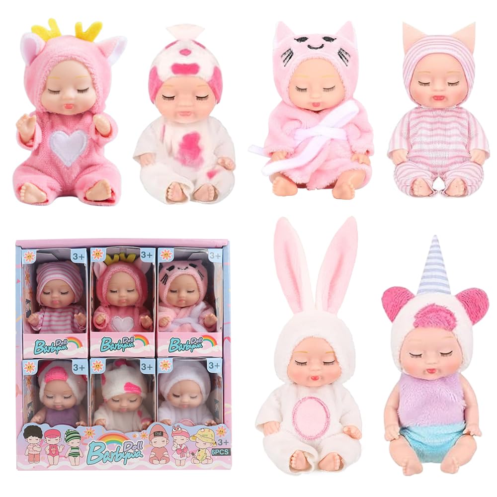 Hojalis Mini Reborn Doll Set, 6-piece Realistic Newborns with Animal Clothes, 6 Pcs Mini Dolls with Lifelike Features, Pink Sleeping Dolls for Kids Boys Girls Gifts