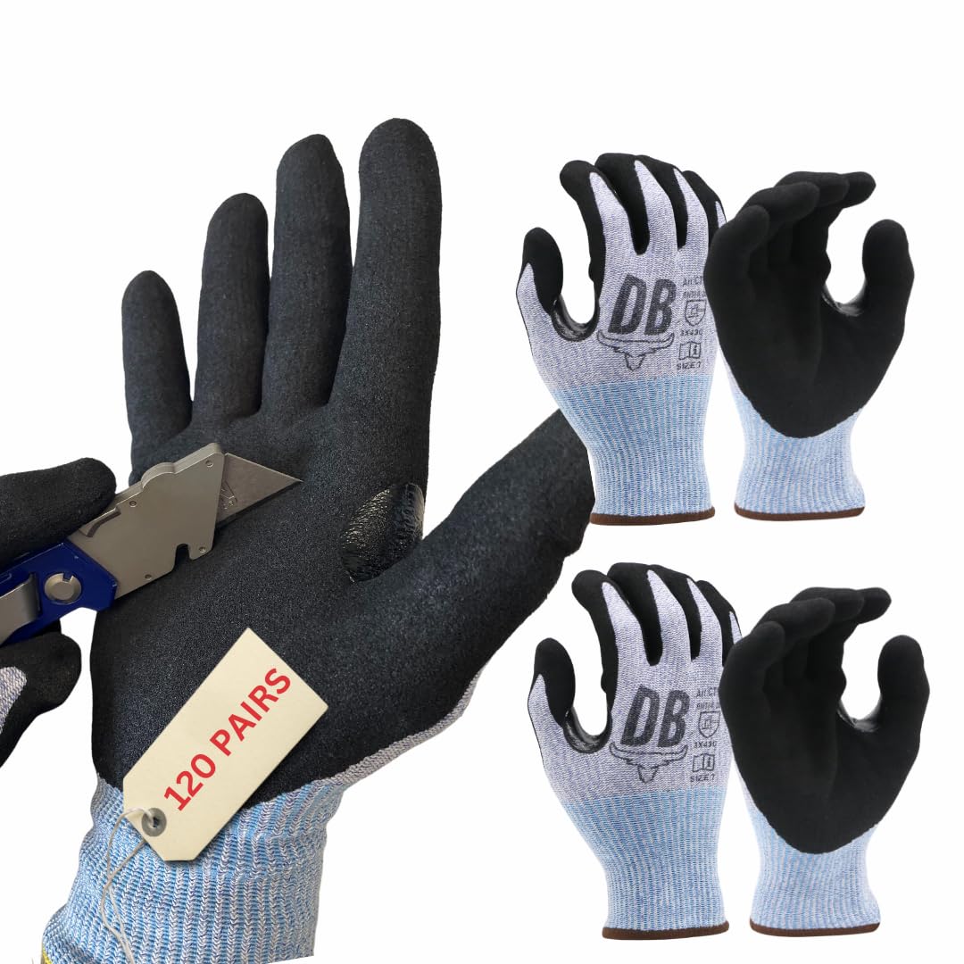 Durabull Safety Workwear or Gardening Gloves. Stretch comfort fit. Sandy Nitrile Coating, Giving a Firm, Anti Slip Grip. Reinforced/Heavy Duty Use. Cut Resistant (2, 8)