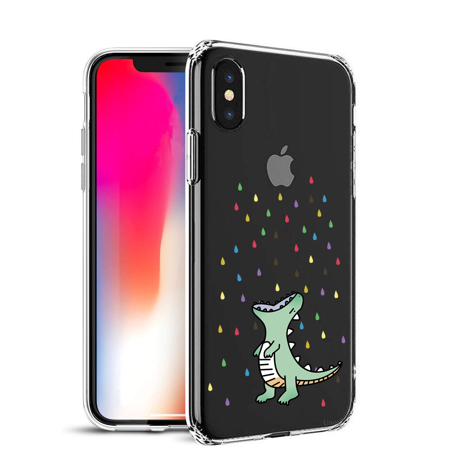 Unov Case Compatible with iPhone Xs iPhone X Case Clear with Pattern Slim Protective Soft TPU Bumper Embossed Design Shock Absorption 5.8 Inch (Rainbow Dinosaur)