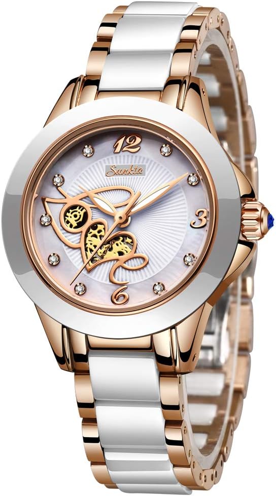 SUNKTA Women's Watches Stainless Steel Waterproof Ceramic Fashion Sports Rose Gold White Wrist Watches Women Bracelet