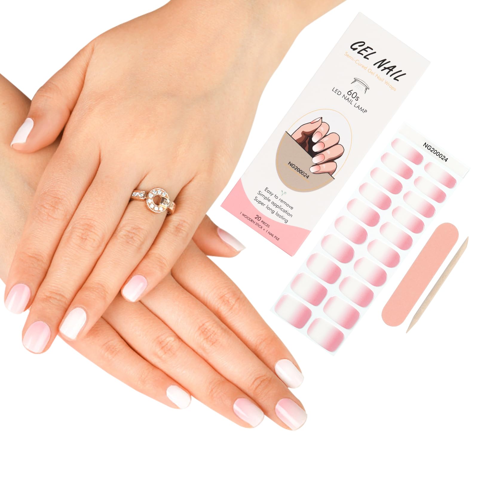 Semi Cured Gel Nail Wraps, ZAHRVIA 20 Pcs Gel Nail Polish Strips for Salon-Quality Manicure Set with Nail File & Wooden Cuticle Stick-Gradient Rosa