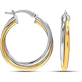 LeCalla 925 Sterling Silver Two-Tone Three-Tone Hoop Earrings | Round Shape Polished Italian Diamond-Cut Twisted Earring Hoops for Women
