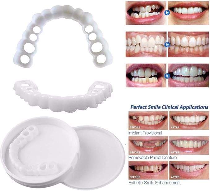 Silicone Dentier Haut et Bas Sourire Parfait pour Homme et Femme Amovible Naturel Fausse Dents