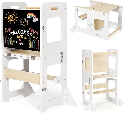 Lernturm ab 1 Jahr, Montessori Learning Tower mit Tafel, 3 in 1 Multifunktion Lernturm Klappbar, Umkippschutz Farbblockiertes Tritthocker Kinder-Weiß&Holz