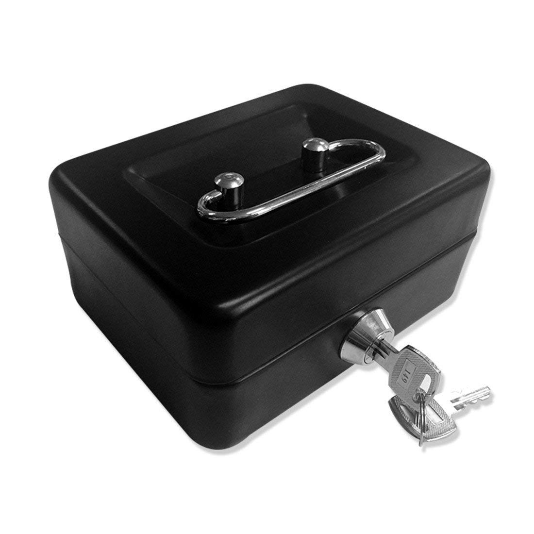 Large Cash Box with Key Lock, Portable Metal Money Box with Double Layer & 2 Keys for Security 15 * 12.5 * 7.6cm (L, Black)
