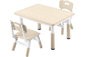 GITAWUSA Kids Study Table and Chairs Set, Height Adjustable Toddler Table and Chair Set for Kids Ages 3-8, 31.5" L x 23.6" W Graffiti Desktop Plastic Children Art Table with 2 Seats, Burlywood