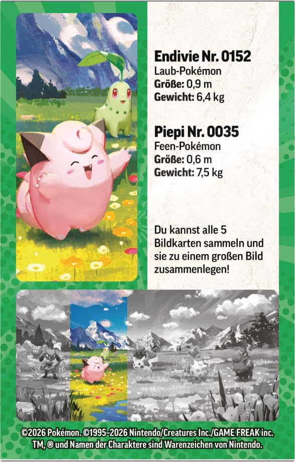 Pokémon-Sammelkartenspiel: Mini-Tin-Box Mega-Entwicklung – Erhabene Helden: Piepi und Endivie (1 Stickerbogen, 1 Pokémon-Bildkarte und 2 Boosterpacks) 4