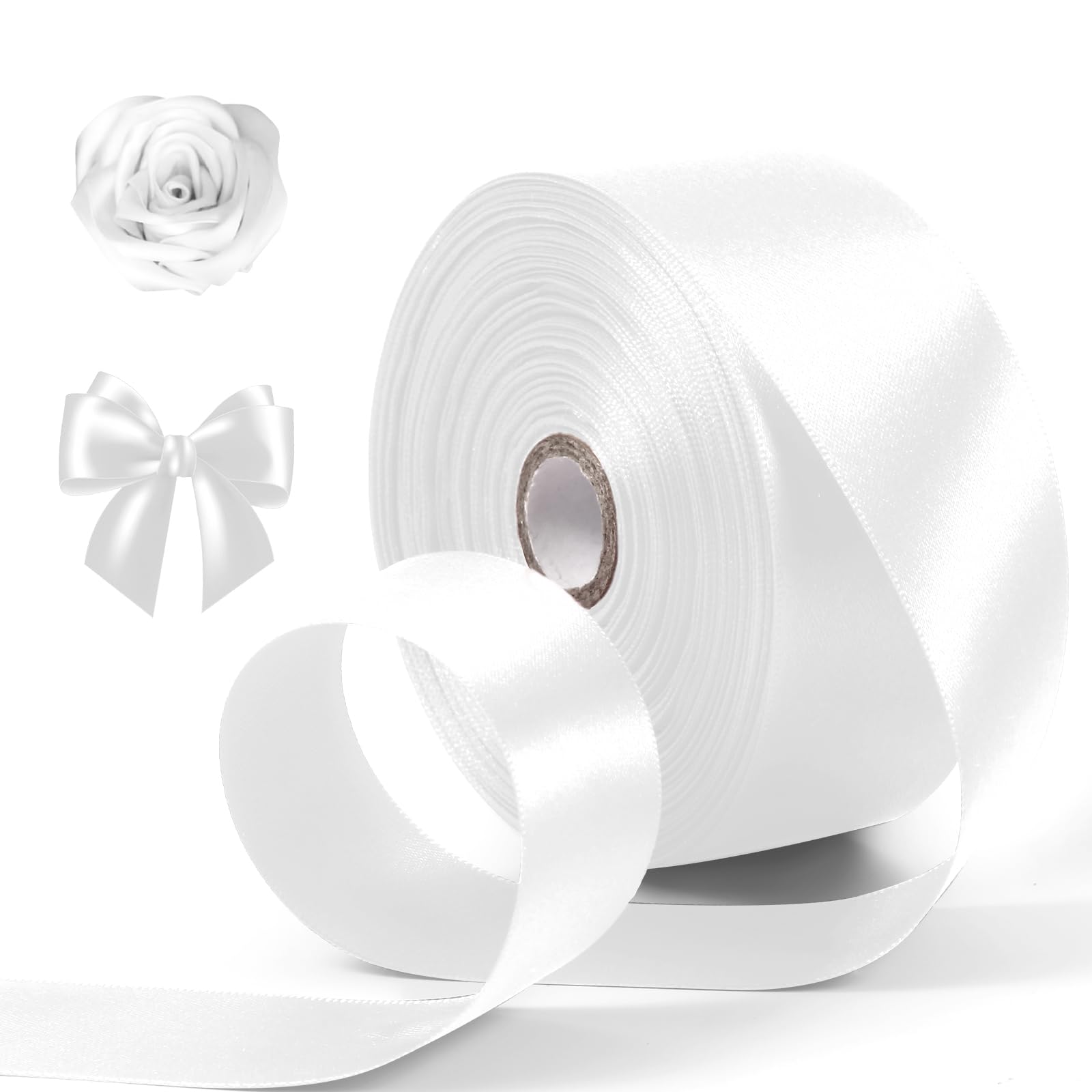 Photo 1 of DUOTAN White Satin Ribbon 1-1/2 Inch Wide×50 Yards, Solid Polyester Fabric Ribbon Roll, Perfect for Gift Wrapping, Bow Making, Floral Bouquets, Crafts, Wedding Party Home Decoration