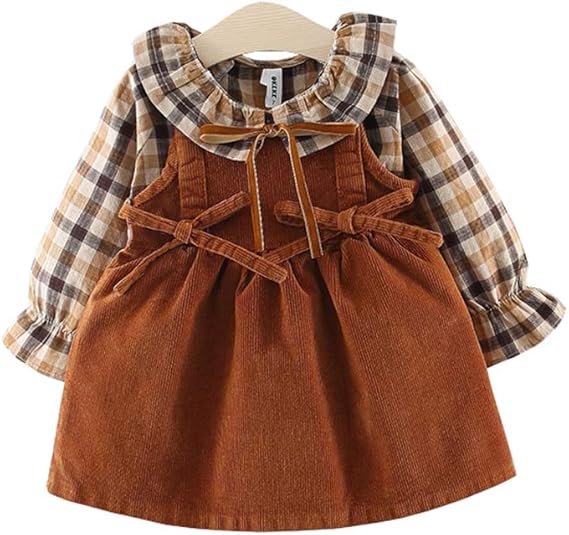 Amazon Co Jp Fevon ワンピース 子供 女の子 長袖 秋冬 シャツ サロペット 2点セット コーデュロイ ブラウス チェック柄 可愛い リボン付き おしゃれ ベビー服 トップス キッズ ガールズ スカート 通園 通学 70 80 90 100 服 ファッション小物