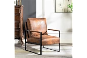 Container Furniture Direct Classic Mid Century Modern Accent Chair with Durable Square Metal Frame, Armchair for Living Room, Bedroom, Home Office in Spotted Microfiber Upholstery, Light Brown