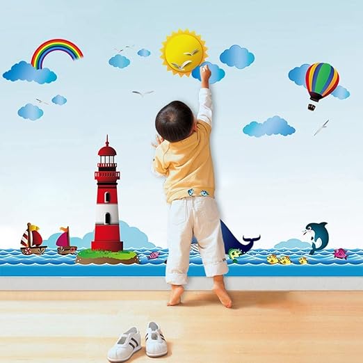 Meixia Wandaufkleber Ozean Unterwasserwelt Aufkleber Leuchtturm Kinderzimmer Kindergarten Baseboard Wandaufkleber Amazon De Kuche Haushalt