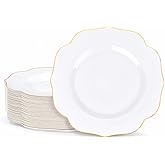 bUCLA 48Pieces Gold Plastic Dessert Plates Disposable - 7.5inch Premium Hard White with Gold Rim Plastic Salad/Appetizer/Small Cake Plate for Thanksgiving&Party