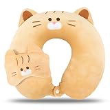 MissSoul Kids Neck Pillow for Travel with Sleep Eye Mask, Cute Travel Neck Pillow, Memory Foam Flight Sleeping Headrest Pillow for Boys & Girls, Airplane, Train, Car, Home Use - Ginger Cat