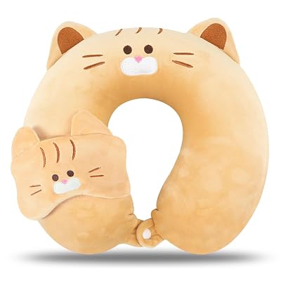 MissSoul Kids Neck Pillow for Travel with Sleep Eye Mask, Cute Travel Neck Pillow, Memory Foam Flight Sleeping Headrest Pillow for Boys & Girls, Airplane, Train, Car, Home Use - Ginger Cat