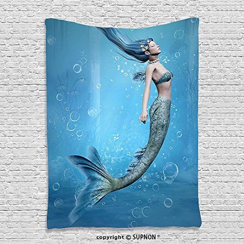 SUPNON custom tapestryUnderwater Tapestry Mermaid Decor Mermaid Fishtail Floating Bubbles Mythical Creature Fairy Ocean Life Art Bedroom Living Room Dorm Art Wall Hanging Blue Grey