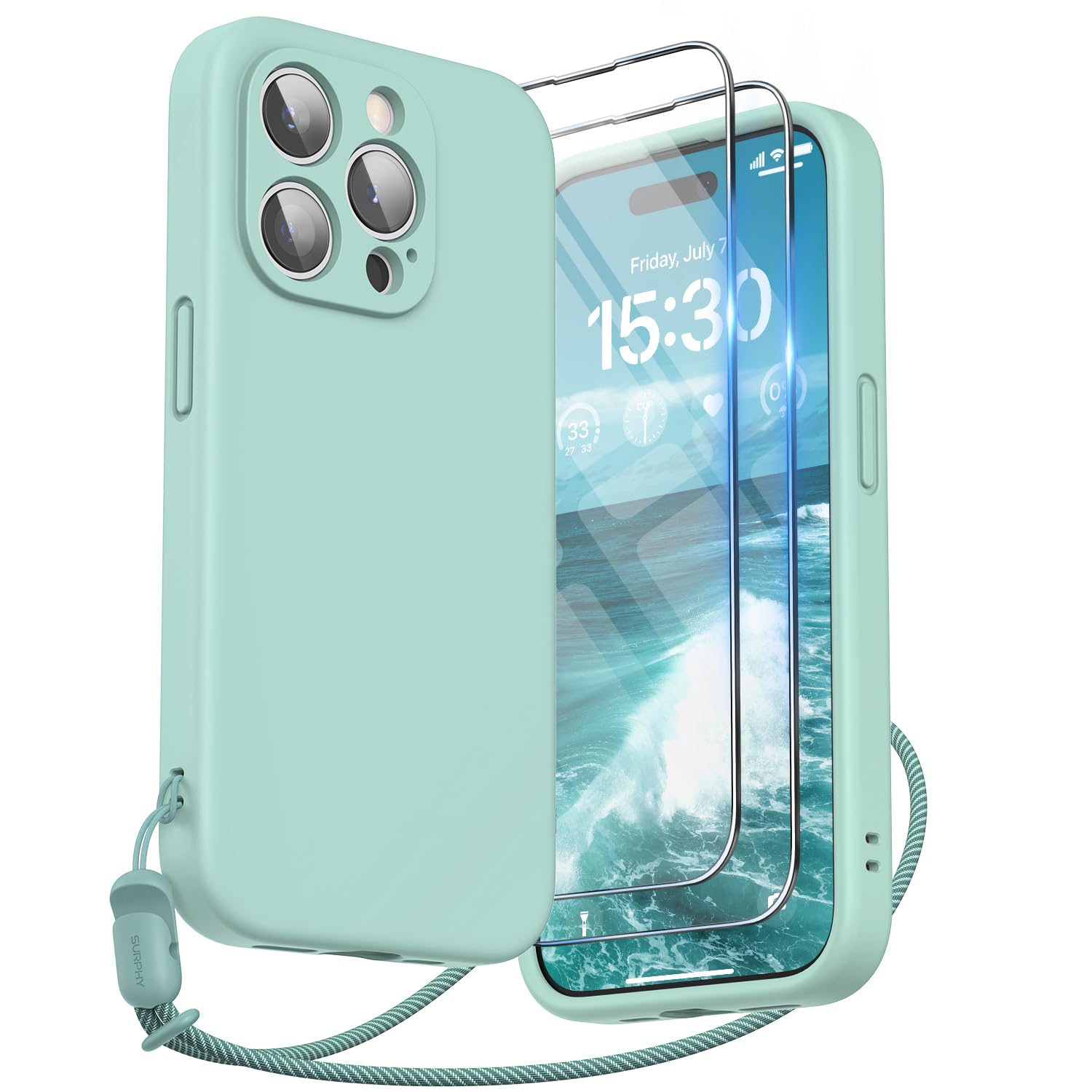 SURPHY Design for iPhone 15 Pro Case, Liquid Silicone Protection for Each Lens [2 x Screen Protectors & 1 x Lanyard] Shockproof Cover for iPhone 15 Pro 6.1 inch 2023, Mint Green — image 1