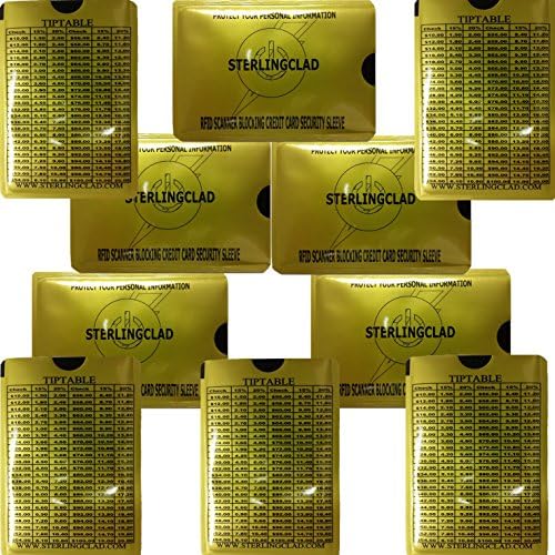 RFID Blocking Sleeves with TIP TABLE - Gold - The Perfect Gift- 10 Credit Card Protectors to Prevent Identity Theft - Stop Radio Frequency ID Thieves in Their Tracks - Easily calculate tips