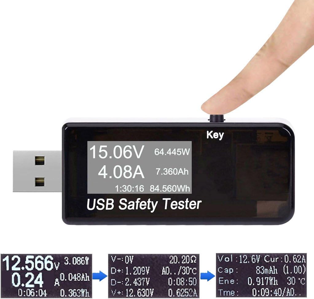 YOMOSI USB Digital Power Meter Tester Multimeter Current and Voltage Monitor, DC 5.1A 30V Amp Voltage Power Meter, Test Speed of Chargers, Cables, Capacity of Power Banks-Black