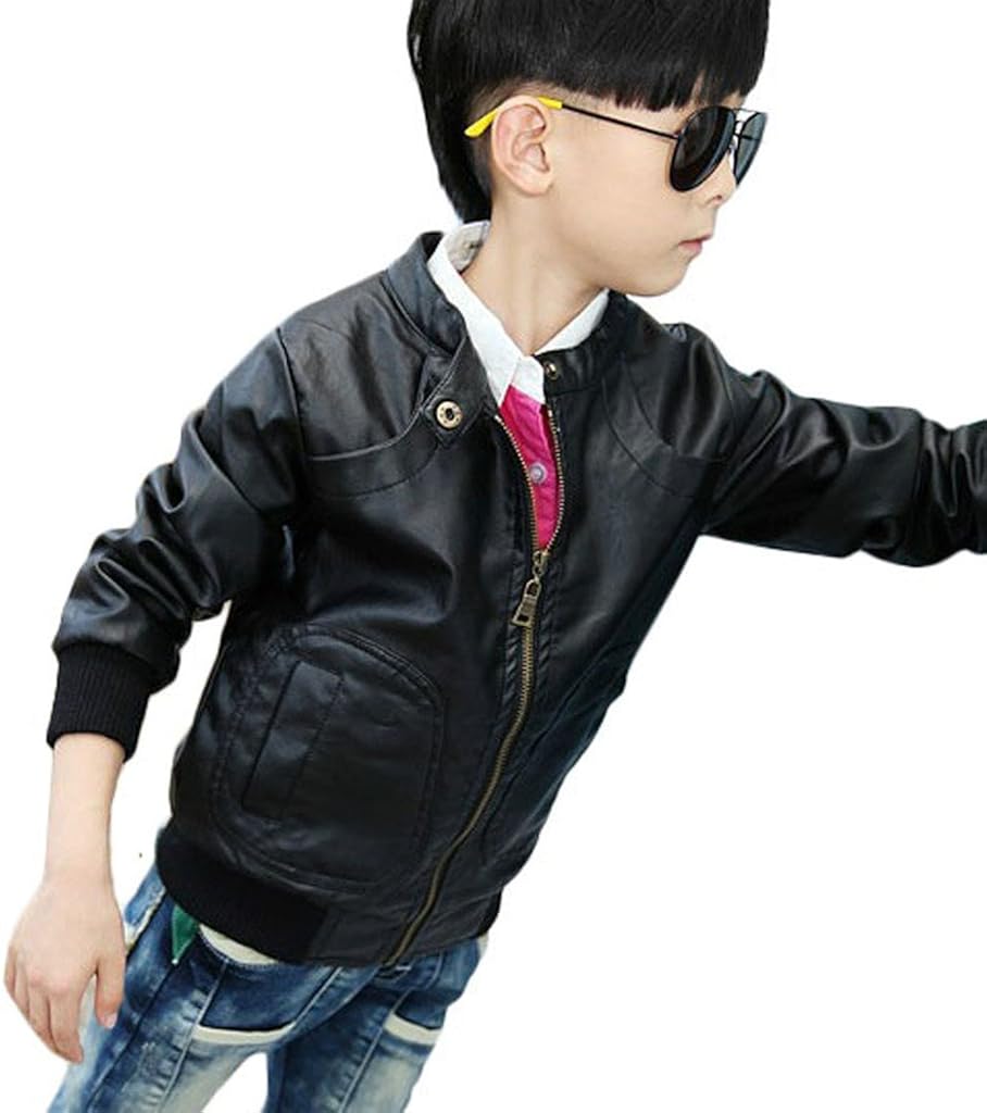 Chinaface Boy's Trendy Stand-Collar PU Leather Spring Moto Jacket Black: Clothing