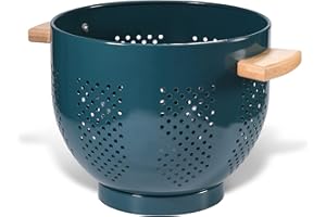 BEFARE Metal Colander with Wood Handle, Powder Coated Steel Large Kitchen Strainer Stable Base,(Green, 5.5QT)