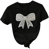 Floerns Women's Cute Short Sleeve T Shirts Bowknot Sequin Crew Neck Going Out Tee Tops