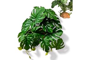 PIKAZISO Reptile Plants for Terrarium, Amphibian Habitat Decor Plants with Artificial Stone Base for Gecko Chameleon Snake Tortoise - Fake Monstera Deliciosa