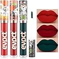 evpct 3Pcs Dark Ruby Red Green Matte Liquid Lipsticks Lip Gloss Stain Makeup Sets Smudge Proof,Skull Face 24 Hour Long Lasting Liquid Matte Lipstick Waterproof labial mate larga duracion 24 H02