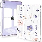 Feams Slim Case for iPad Air 11-inch M3 2025 / M2 2024, iPad Air 5th Generation 2022 / iPad Air 4th Generation 2020 10.9 Inch Case Clear Back with Pencil Holder & Auto Sleep, Purple Flowers