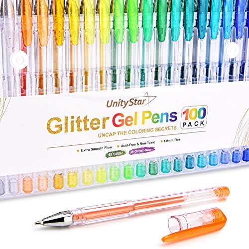 200 Glitter Gel Pens, UnityStar Gel Pen Set with 100 Sparkly Glitter Colors & 100 Ink Refills for Kids Adult Coloring Book Drawing Doodling Writing Highlighting - Thumbnail 5