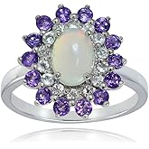 GemStar USA Sterling Silver Ethiopian Opal, African Amethyst and White Topaz Oval Flower Ring