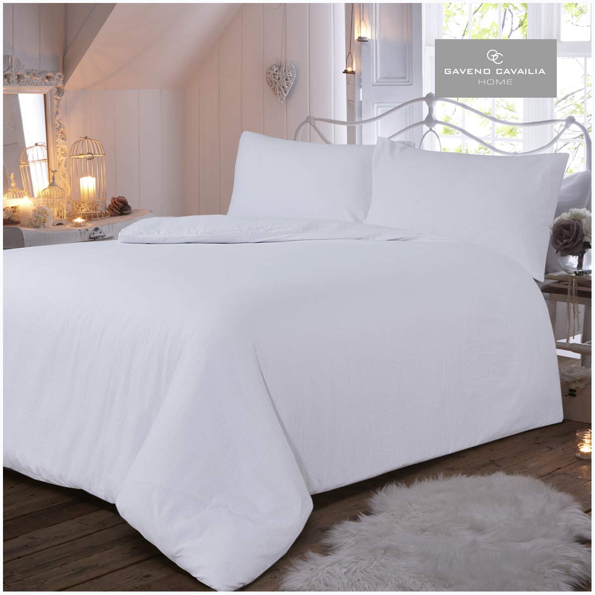 Gaveno Cavailia Luxury Brushed 100% Cotton Plain Dyed Flannel Duvet Set, [ King - White ]