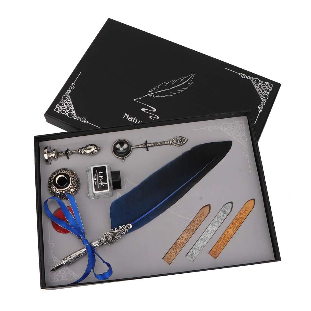 Hztyyier Birthdays Gifts in Gift Box(Blue) Retro Quill Feather Pen Set Calligraphy Writing Quill Pen for Christmas for Christmas, Birthdays Gifts in Gift Box(Blue) School Supplies