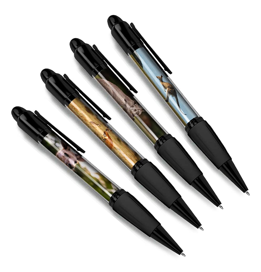 DV DESIGN Set of 4 Kangaroo Black Ballpoint Pens - Australian Animal Nature Wildlife Wild Travel Portrait Boys Girls Men Women Theme Pen #79456