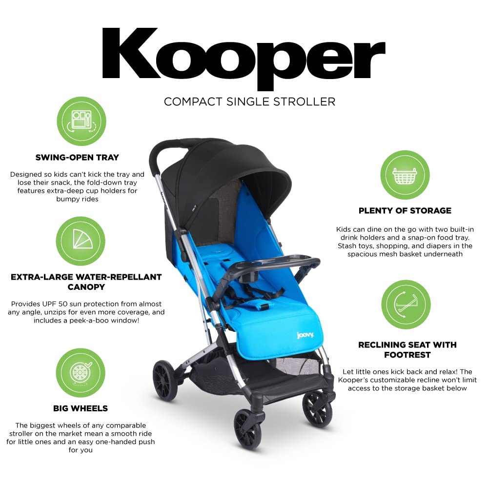 Joovy Kooper Lightweight Baby Stroller Featuring Removable, Swing-Open Tray, Big Wheels, Reclining Seat with Footrest, Extra-Large Retractable Canopy, and Compact Fold (Glacier)