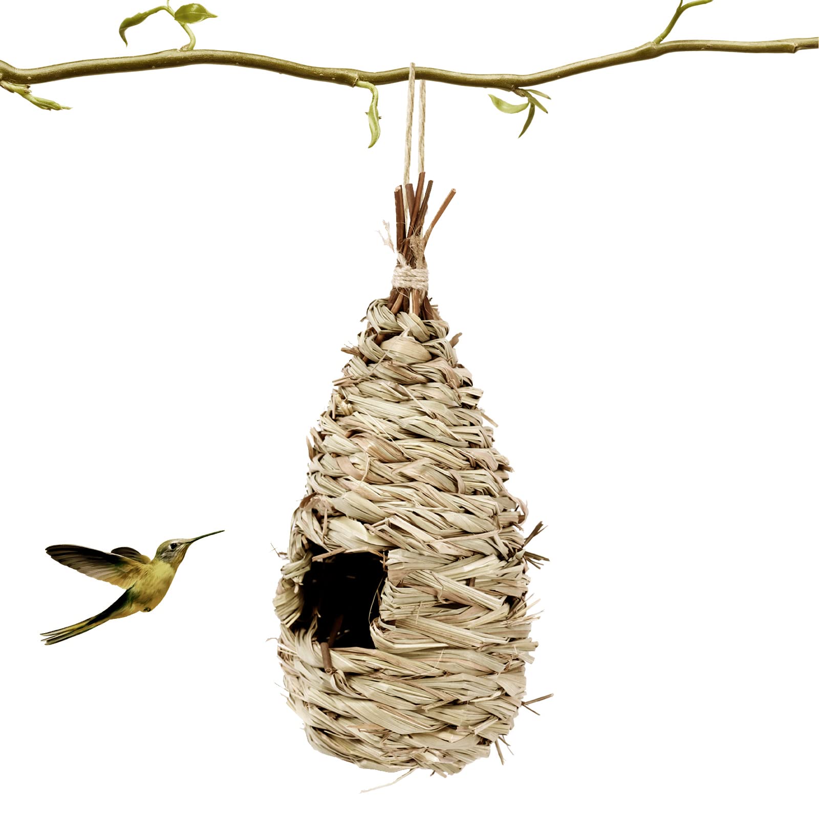 1 Pcs Bird Nest,Hummingbird House for Outside Hanging,Roosting Pouches for Birds,Grass Hanging Wren Finch Song Birds House for Nesting,Hand Woven Bird Nesting Boxes,for Garden Decoration,24x10.5 cm