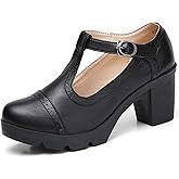 DADAWEN Women's Leather Classic T-Strap Platform Chunky Mid-Heel Mary Jane Square Toe Oxfords Dress Pump Shoes