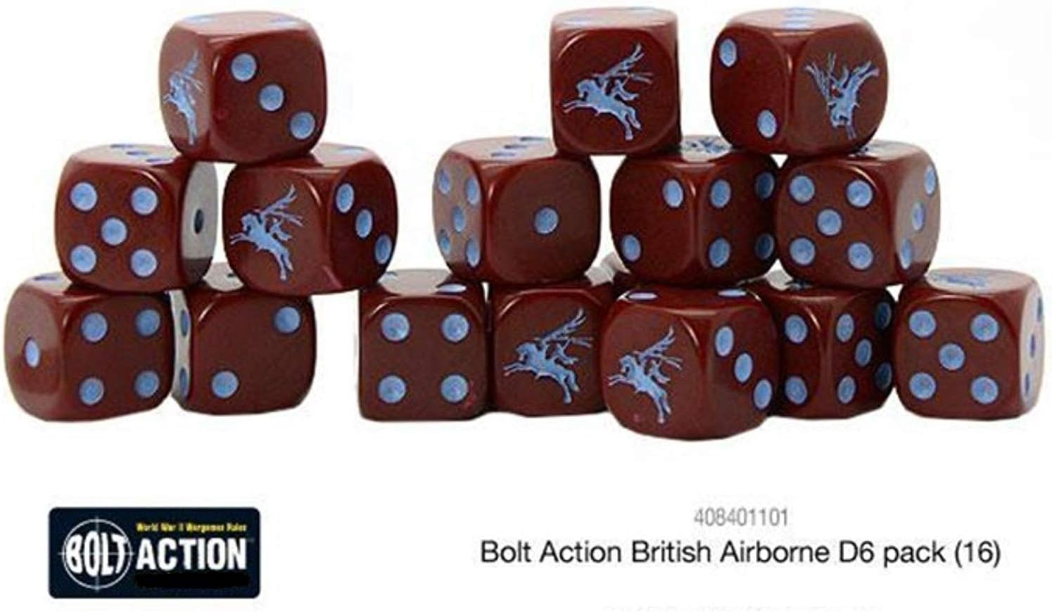 Warlord Games Bolt Action British Airbone Würfel-Set – 16 Stück, Maroon Mit Blauer Pegasus-Symbolik