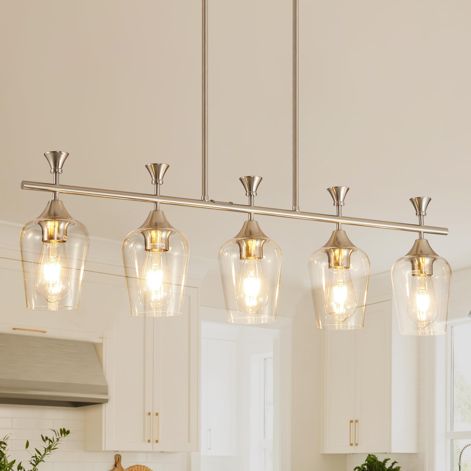 Photo 1 of 36.5" Dining Room Light Fixture/Chandelier Over Table, 5-Light Kitchen Island Lighting Hanging for Farmhouse Linear Chandeliers, Modern Silver Ceiling Pendant Light Fixtures, with Clear Glass Shade