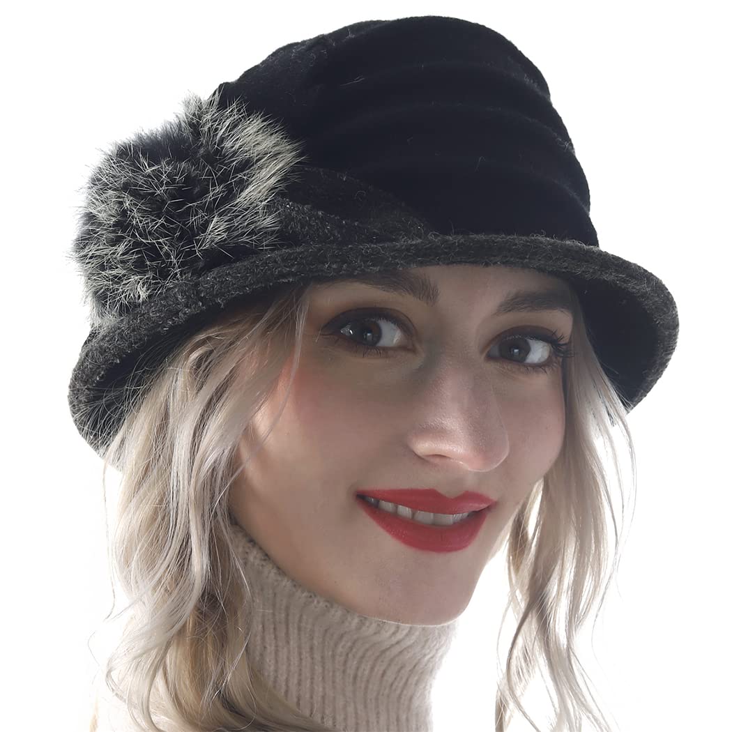 HISSHE Lady Wool Floral Bucket Cloche Bowler Hat Felt Dress Hat C030 (Black)